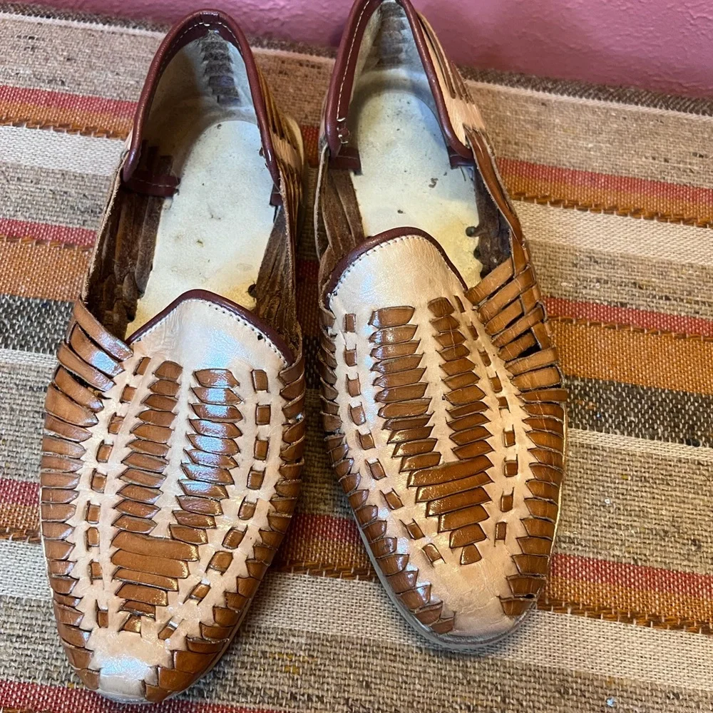 Men's Tan & Cream Woven Leather Slip-On Loafers